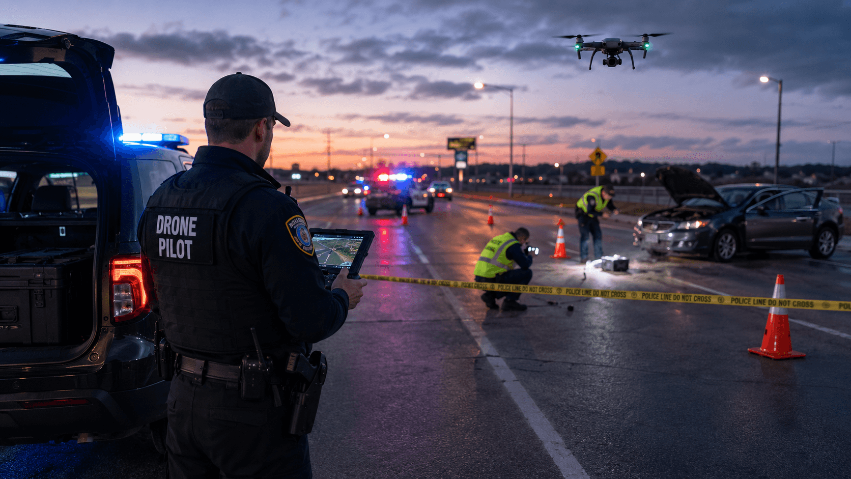 Drone pilot operating an aircraft over a nighttime traffic crash reconstruction