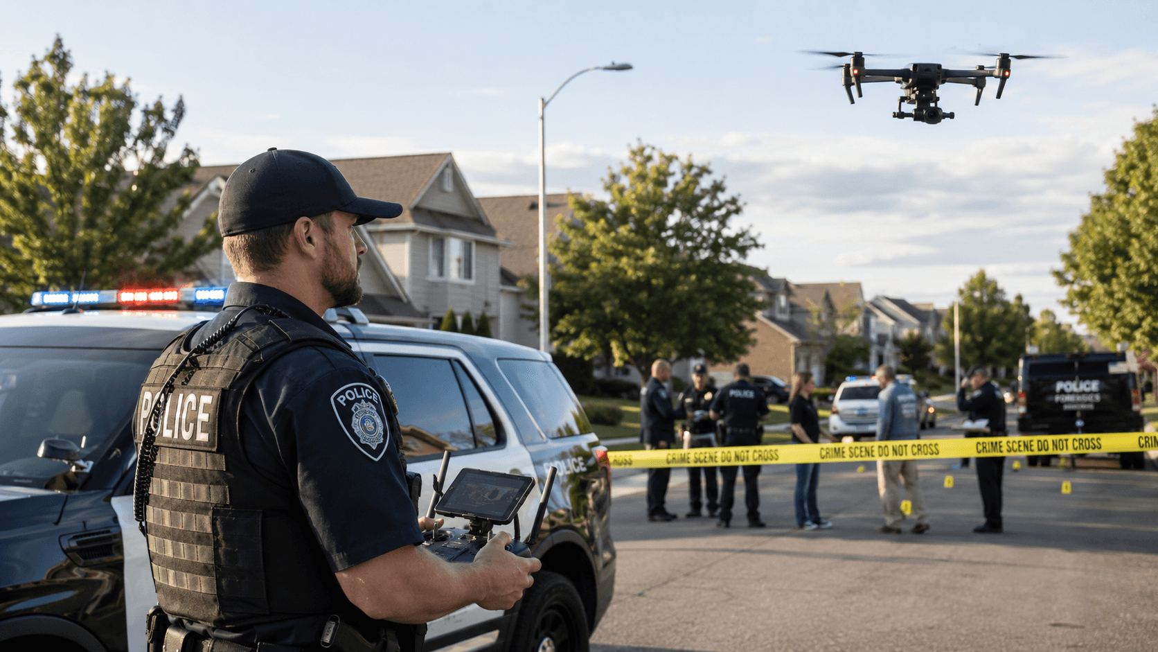 Police drone pilot capturing a suburban crime scene with evidence markers and tape