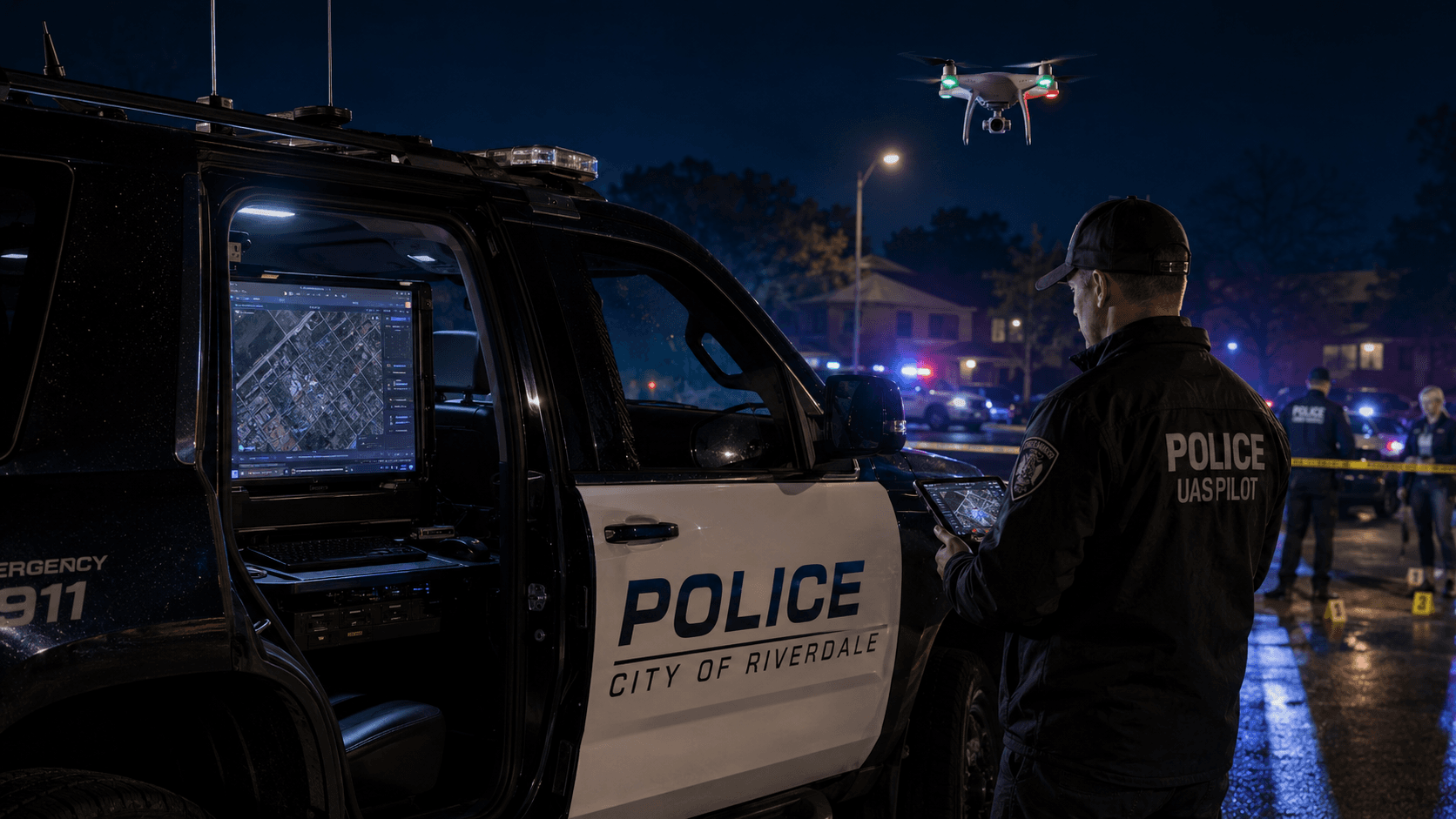 Patrol vehicle at night with AirMap on the mobile data terminal, drone overhead