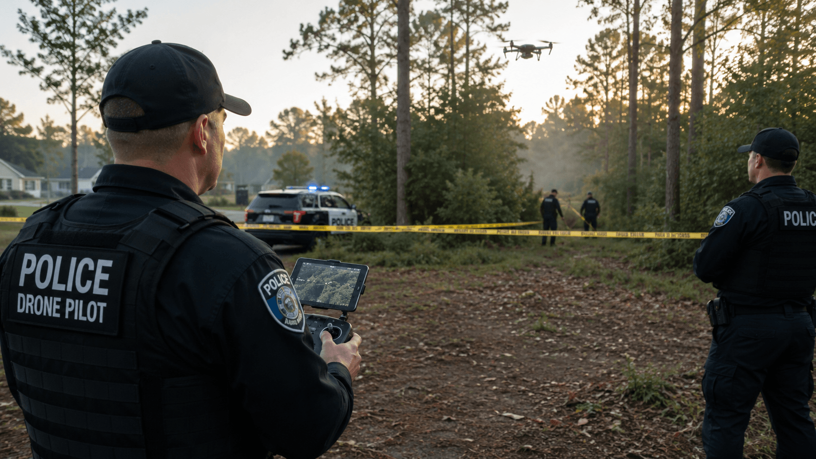 Police drone pilots searching a wooded area at sunrise