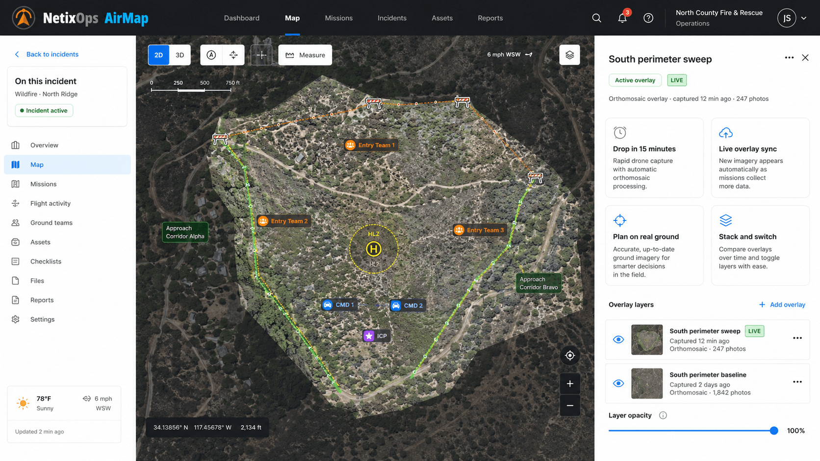 NetixOps AirMap showing an orthomosaic overlay on a live incident map with entry teams, command markers, and overlay layer controls