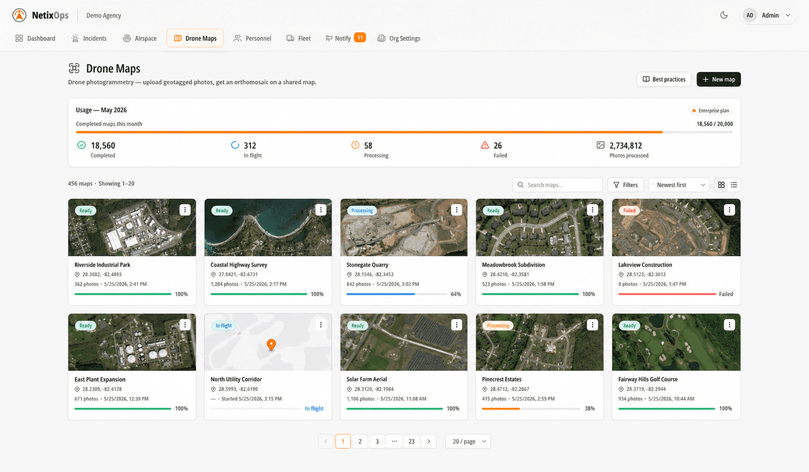The AirMap library showing every map an agency has flown, with usage metrics and search