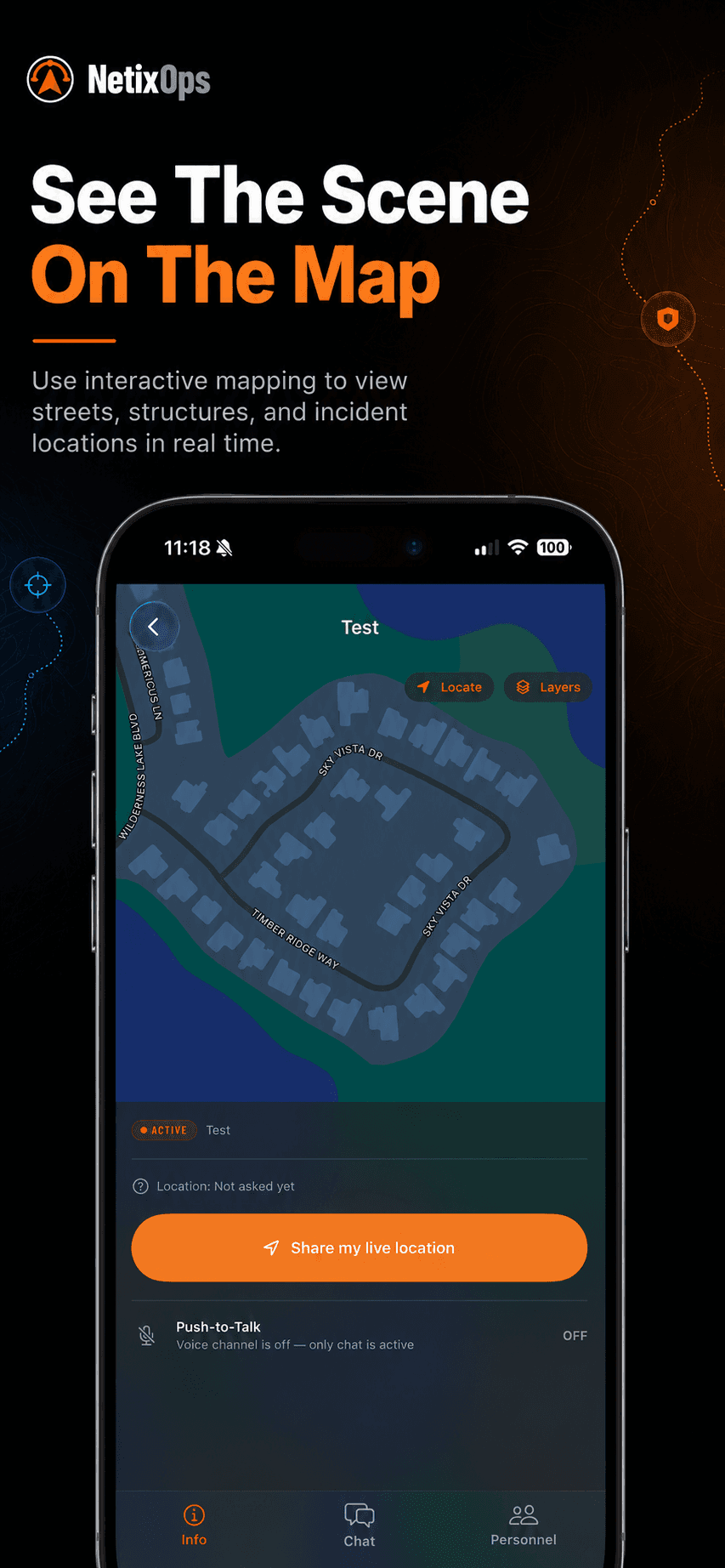 Incident map view showing streets, buildings, and the responder's location