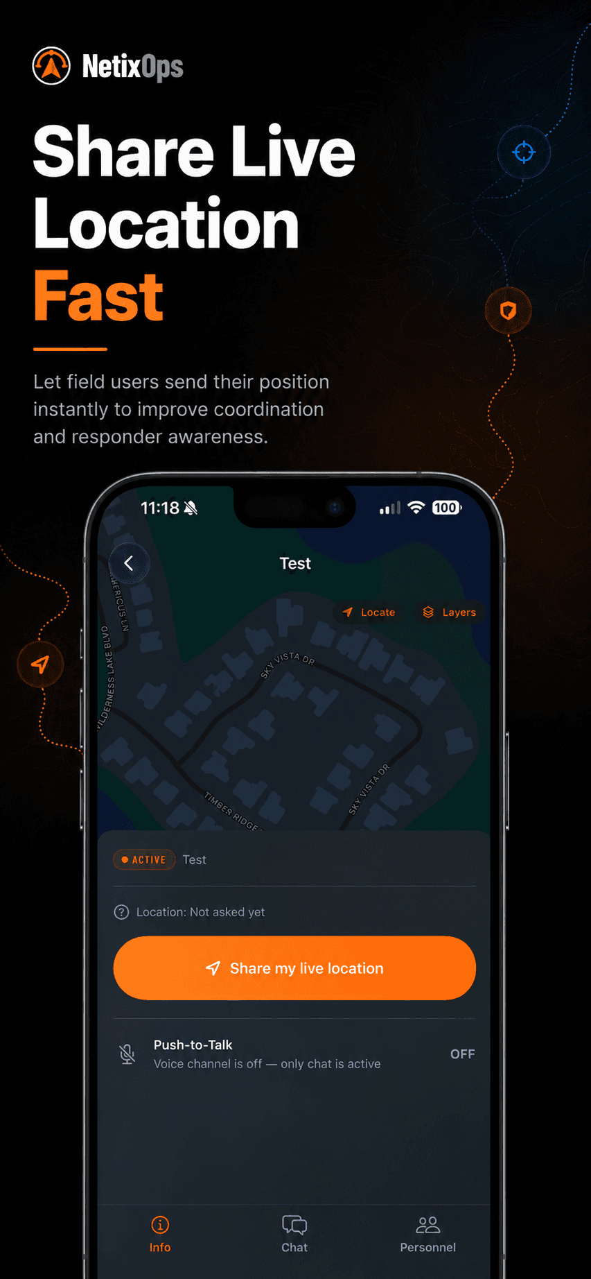 Live location sharing card with one-tap PTT and Push-to-Talk row