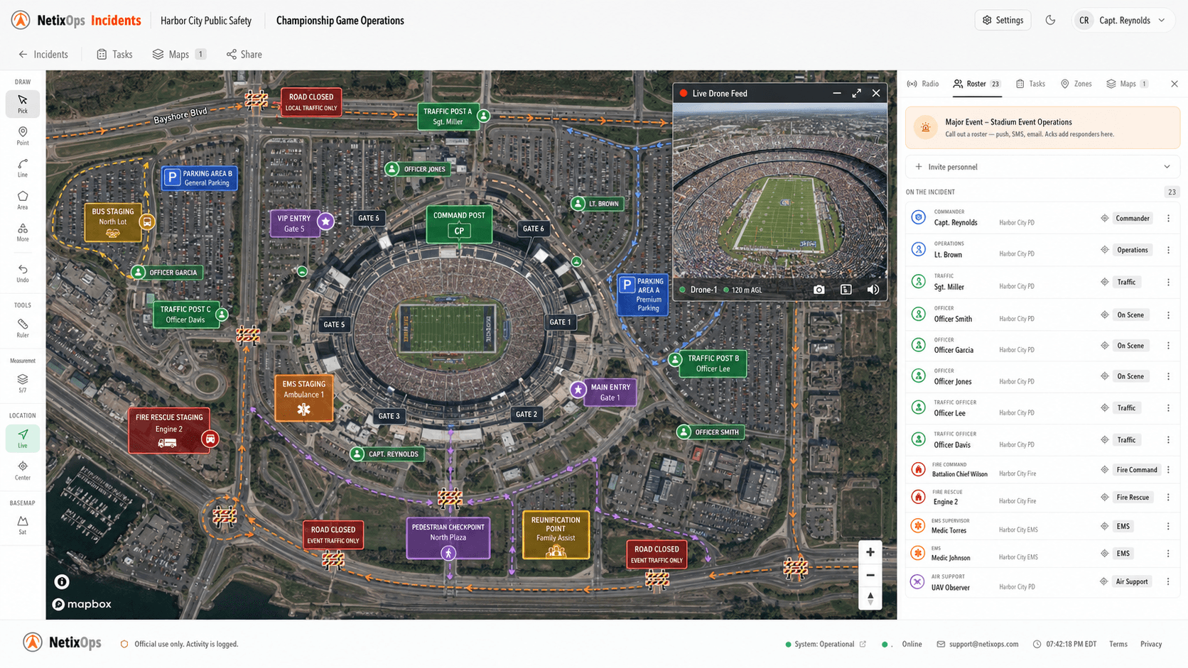 NetixOps Incidents — Harbor City Public Safety running Championship-Game operations on a live map